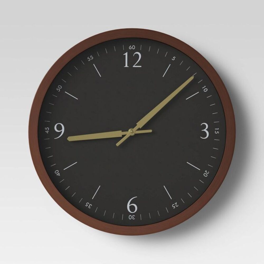 20" Walnut Woodgrain Wall Clock Black - Modern Analog Indoor Timepiece